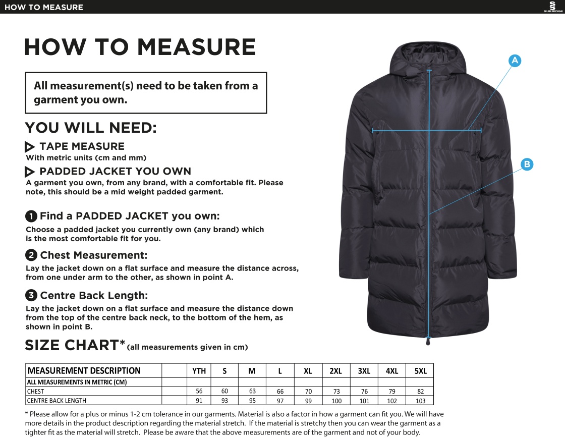 HART YOUTH FC SUB COAT - Size Guide