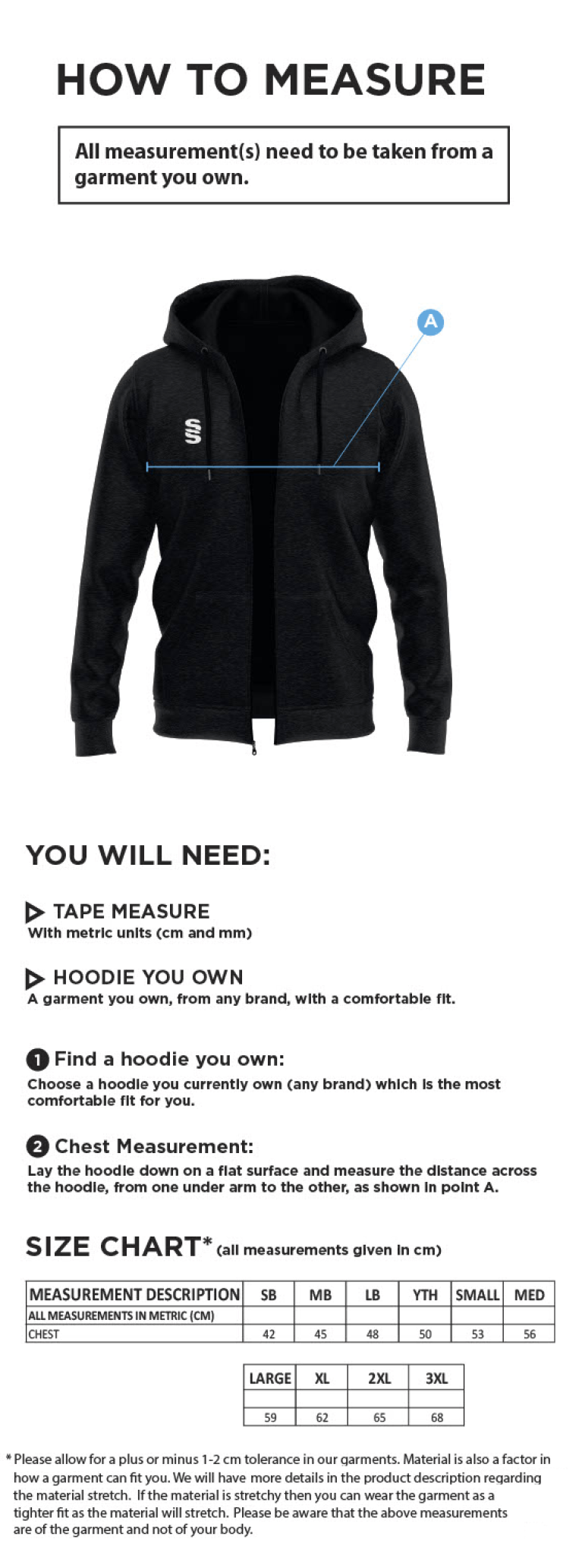 Hart Youth FC Dual Bonded Full Zip Hoody - Size Guide