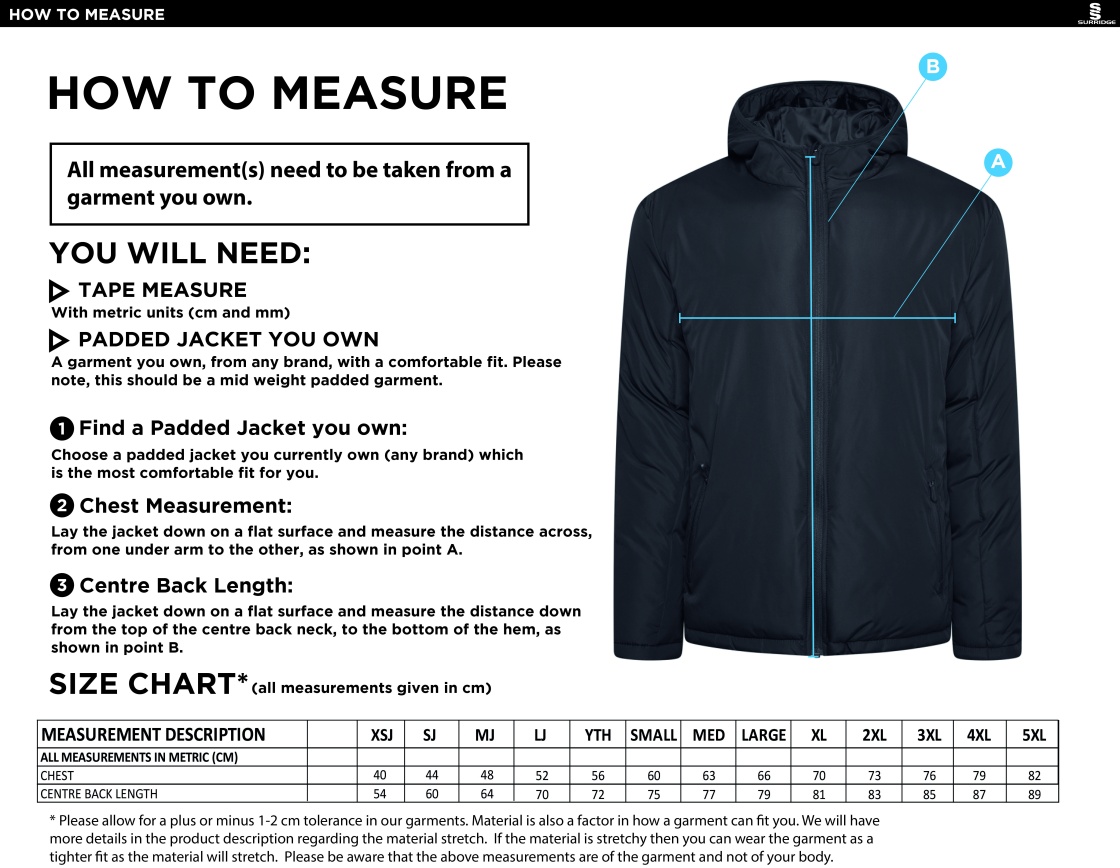 Hart Youth FC Padded Coat - Size Guide