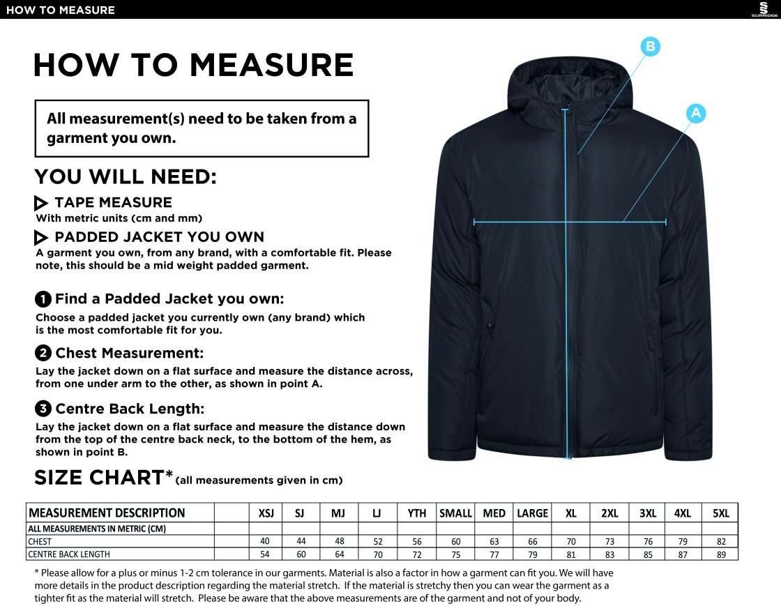 Hart Youth FC Padded Coat - Size Guide