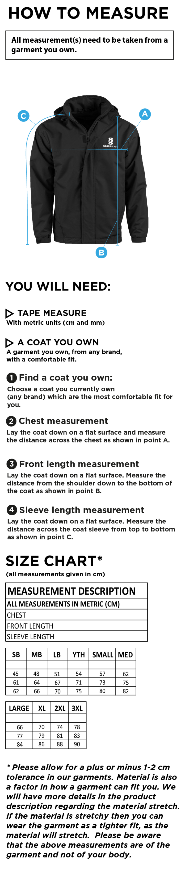 Hart Youth FC Fleeced Line Jacket - Size Guide