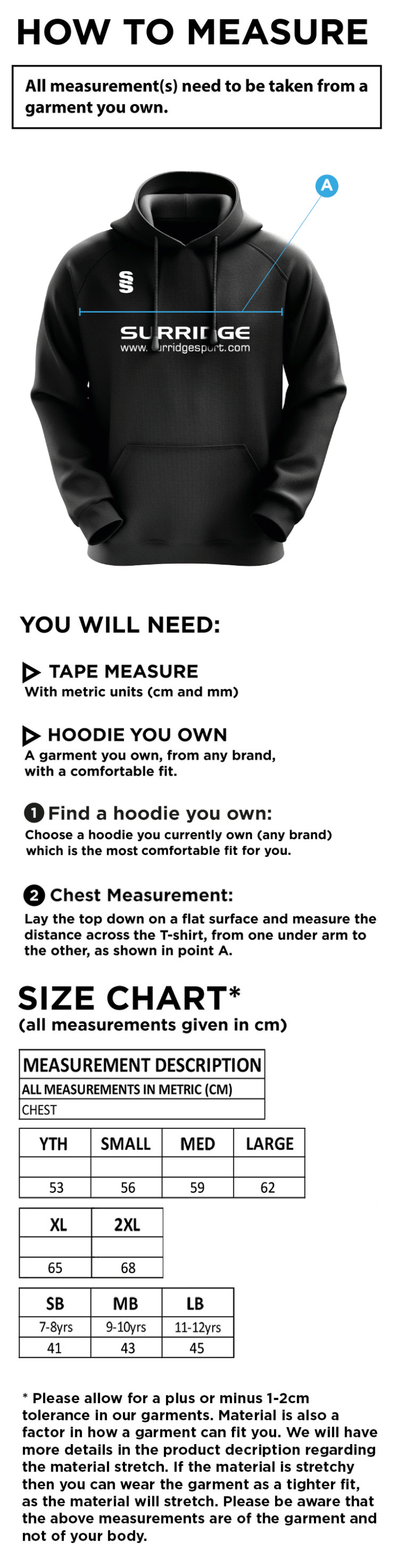 Hart Youth FC Blade Hoody - Size Guide