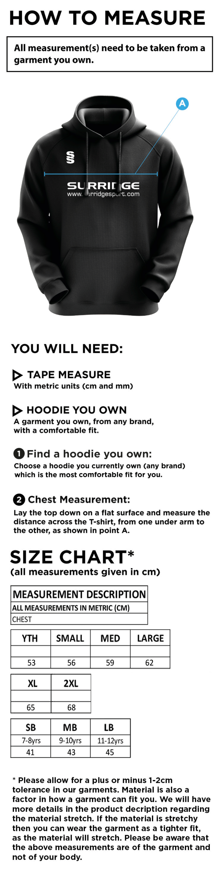 Hart Youth FC Blade Hoody - Size Guide